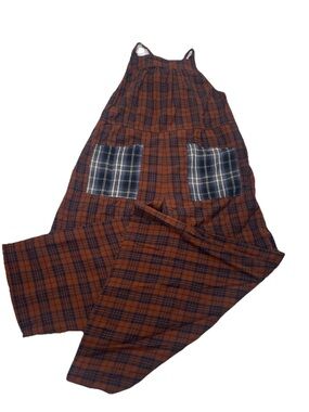 Natural Life Jumpsuit Romper Size Small Brown Plaid Wide Leg Contrast Pocket